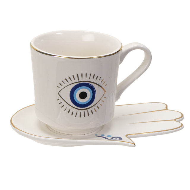 18 oz Ceramic Mug and Saucer Set - Evil Eye White - Magick Magick.com