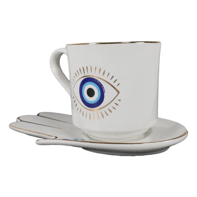 18 oz Ceramic Mug and Saucer Set - Evil Eye White - Magick Magick.com