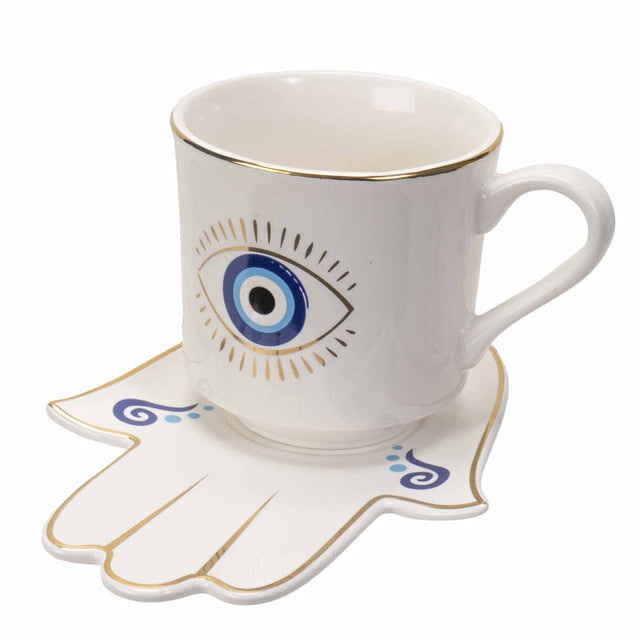 18 oz Ceramic Mug and Saucer Set - Evil Eye White - Magick Magick.com