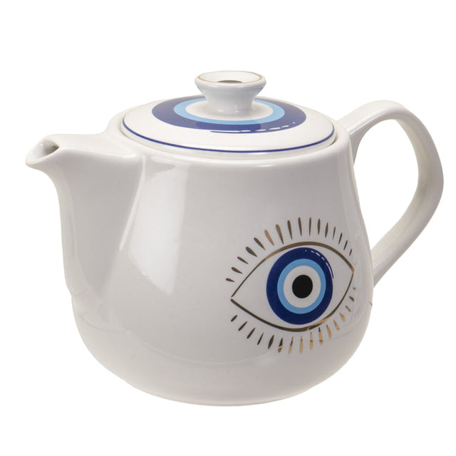 18 oz Ceramic Tea Pot - Evil Eye White - Magick Magick.com