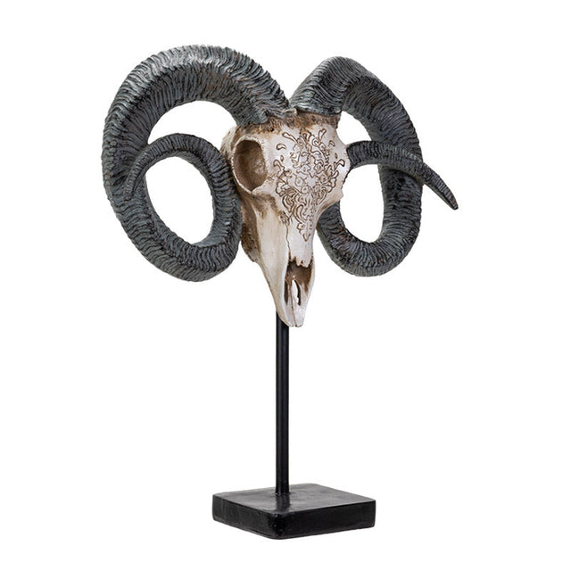 18.5" Carved Ram Skull on Stand Statue - Magick Magick.com