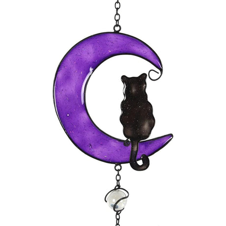 19" Purple Crescent Moon with Black Cat Wind Chime - Magick Magick.com