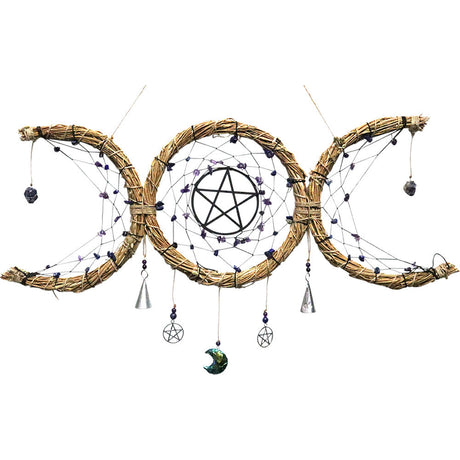 20.5" Dream Catcher - Protection Wreath - Triple Moon with Amethyst & Sodalite - Magick Magick.com