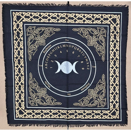 24" Satin Altar Cloth - Triple Moon Ouija Board on Black & Gold - Magick Magick.com