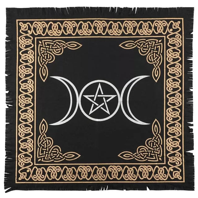 24" Satin Altar Cloth - Triple Moon Pentagram on Black & Gold - Magick Magick.com