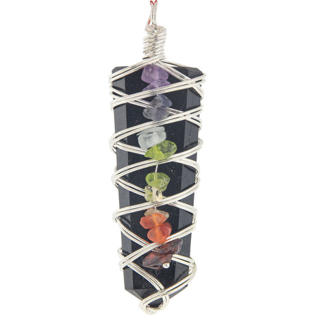 2.5" Wire Wrapped Flat Pencil Point Pendant - Black Tourmaline with Chakra Chips - Magick Magick.com