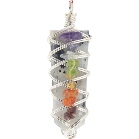 2.5" Wire Wrapped Flat Pencil Point Pendant - Rainbow Moonstone with Chakra Chips - Magick Magick.com