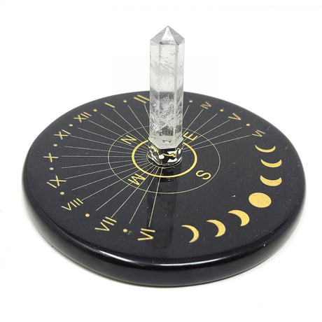3" Black Agate Altar Tile - Sun Moon Phase Clock with Crystal Quartz - Magick Magick.com