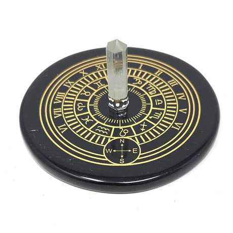 3" Black Agate Altar Tile - Zodiac Sun Clock with Crystal Quartz - Magick Magick.com