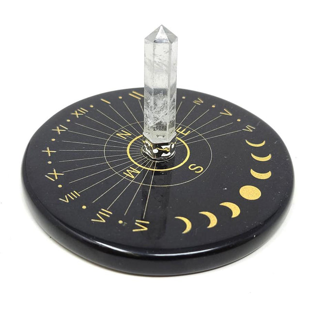 3" Black Agate Moon Phase Sun Clock Gold Printed Altar Tile with Crystal Quartz - Magick Magick.com