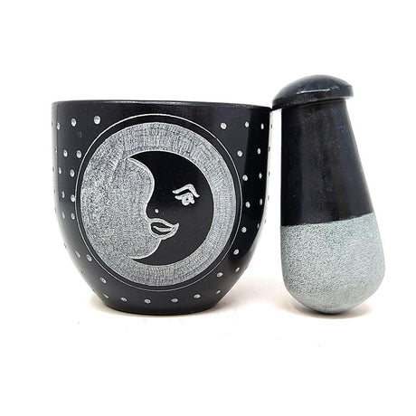 3" Moon Carved Black Soapstone Mortar & Pestle - Magick Magick.com