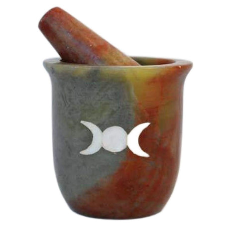 3" Pearl Inlaid Triple Moon Soapstone Mortar & Pestle Set - Magick Magick.com