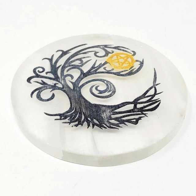 3" Selenite Altar Tile - Pentagram Tree of Life - Magick Magick.com