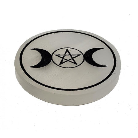 3" Selenite Altar Tile - Triple Goddess Pentagram - Magick Magick.com