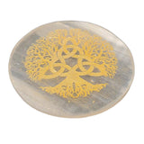 3" Selenite Altar Tile - Triquetra Tree of Life Gold - Magick Magick.com