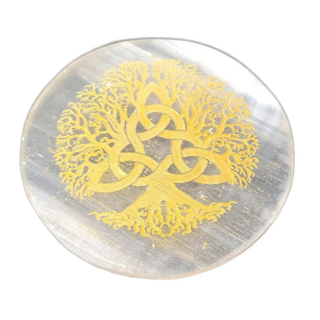 3" Selenite Altar Tile - Triquetra Tree of Life Gold - Magick Magick.com