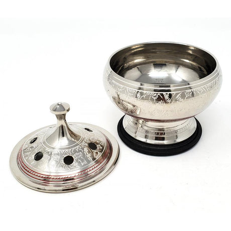 3" Silver Finish Engraved Brass Screen Charcoal Burner with Wooden Coaster & Lid - Magick Magick.com