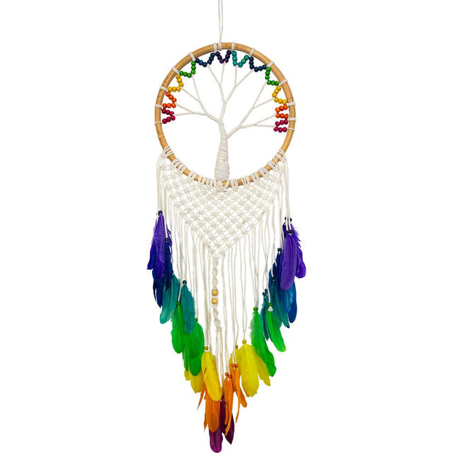 37" Boho Wooden Bead Tree with Macrame & Chakra Feathers - Magick Magick.com