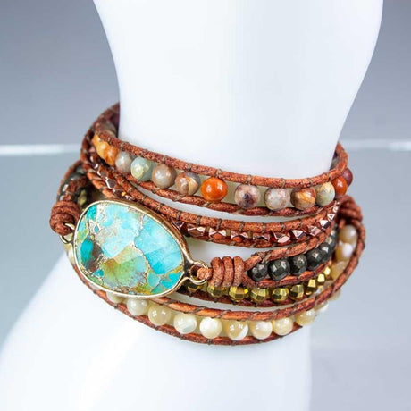 37" Wrap Bracelet Leather & Mixed Gemstones with Imperial Jasper Accent