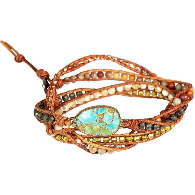 37" Wrap Bracelet Leather & Mixed Gemstones with Imperial Jasper Accent