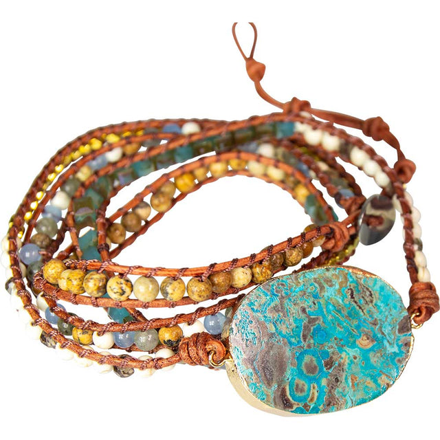 38" Wrap Bracelet Leather & Mixed Gemstones with Ocean Jasper Accent - Magick Magick.com