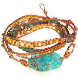 38" Wrap Bracelet Leather & Mixed Gemstones with Ocean Jasper Accent - Magick Magick.com