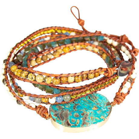 38" Wrap Bracelet Leather & Mixed Gemstones with Ocean Jasper Accent - Magick Magick.com