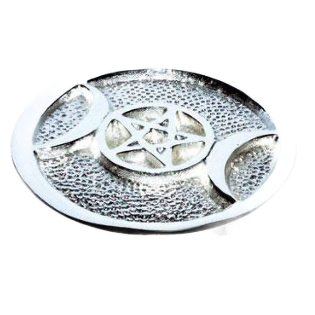 3.5" Silver Plated Brass Triple Moon Pentagram Altar Tile - Magick Magick.com