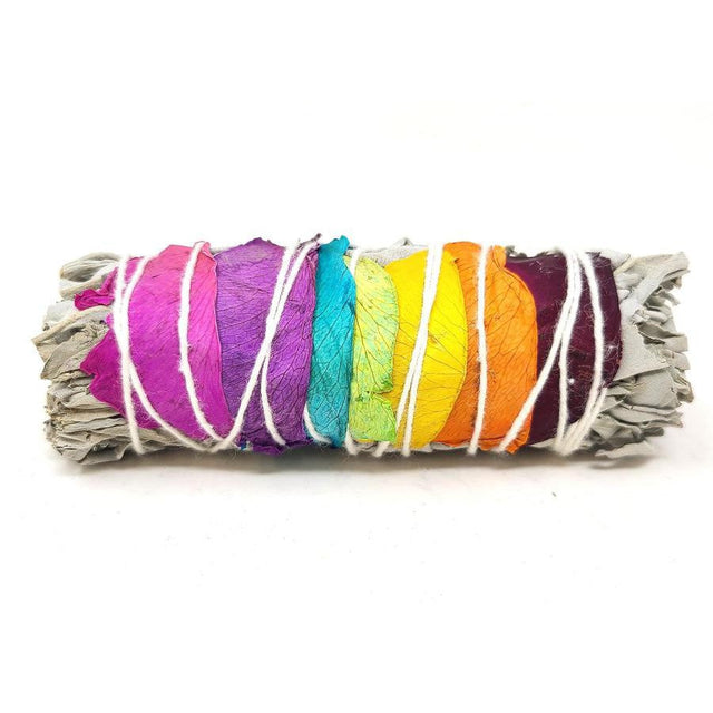 4" 7 Chakra White Sage Smudge Stick (7 Color Rose Petals) - Magick Magick.com