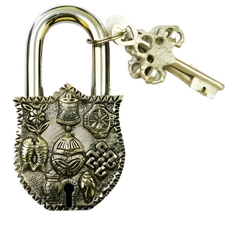 4" Antique Auspicious Symbol Silver Brass Lock with Keys - Magick Magick.com