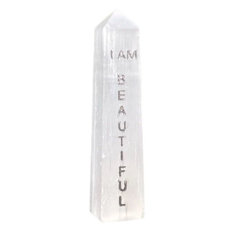 4" Selenite Affirmation Obelisk Tower - I AM Beautiful - Magick Magick.com