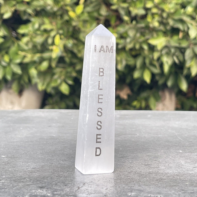 4" Selenite Affirmation Obelisk Tower - I AM Blessed - Magick Magick.com