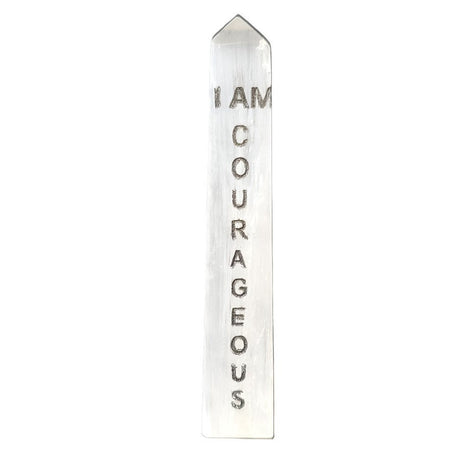 4" Selenite Affirmation Obelisk Tower - I AM Courageous - Magick Magick.com