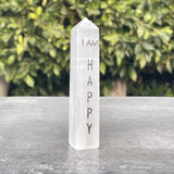 4" Selenite Affirmation Obelisk Tower - I AM Happy - Magick Magick.com