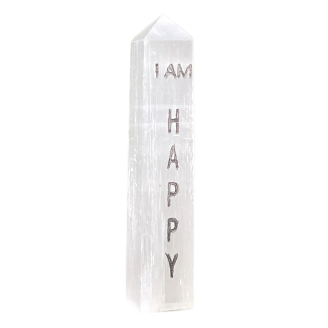 4" Selenite Affirmation Obelisk Tower - I AM Happy - Magick Magick.com