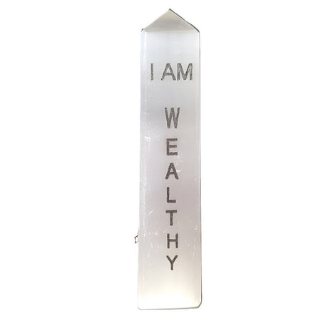 4" Selenite Affirmation Obelisk Tower - I AM Wealthy - Magick Magick.com