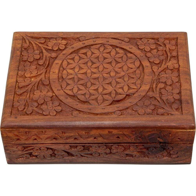 4" x 6" Carved Wood Box with Latch - Flower of Life - Magick Magick.com