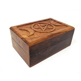 4" x 6" Carved Wood Box with Latch - Triple Moon Pentagram - Magick Magick.com