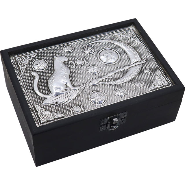 4" x 6" Velvet Lined Metal Top Wooden Box - Crescent Moon with Cat & Broom - Magick Magick.com