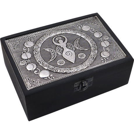 4" x 6" Velvet Lined Metal Top Wooden Box - Triple Moon Goddess - Magick Magick.com