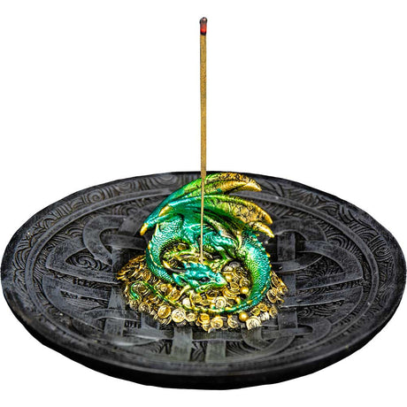 4.5" Green Dragon with Celtic Shield Knot Polyresin Incense Stick Holder - Magick Magick.com