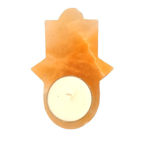 4.5" Orange Selenite Hamsa Hand Tealight Candle Holder - Magick Magick.com