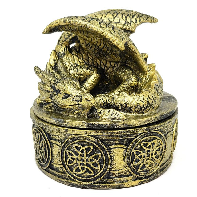 5" Resting Dragon Antique Golden Polish Poly Resin Box - Magick Magick.com