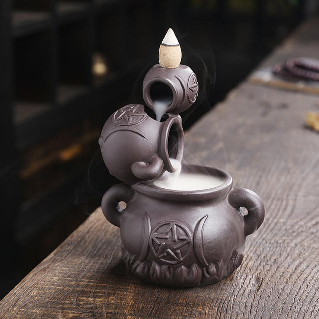 5" Triple Moon Pentagram Cauldron Backflow Cone Incense Burner - Magick Magick.com