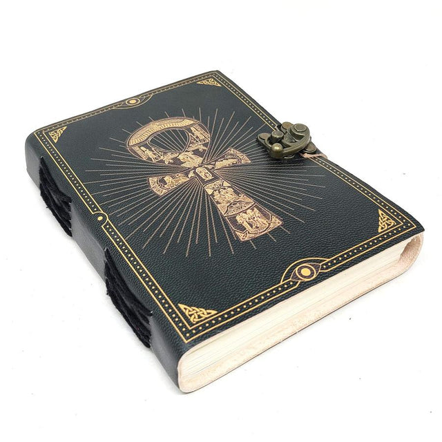 5" x 7" Ankh Print on Black Leather Journal with Latch - Magick Magick.com