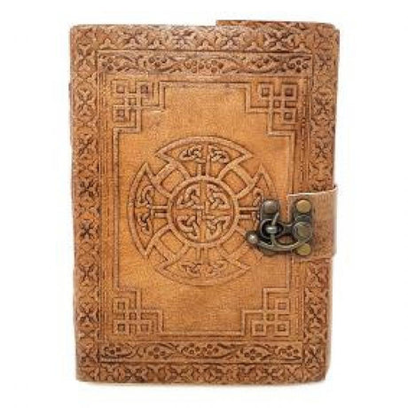 5" x 7" Celtic Cross Embossed Leather Journal with Latch - Magick Magick.com