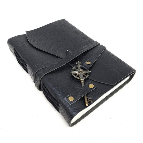 5 x 7" Floral Black Soft Leather Blank Book with Key Cord - Magick Magick.com