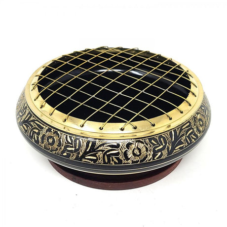 6" Black Carved Brass Screen Charcoal Burner with Coaster - Magick Magick.com
