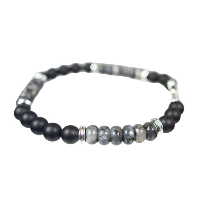 6 mm Elastic Bracelet Round Beads - Black Agate & Labradorite with Cross - Magick Magick.com