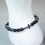 6 mm Elastic Bracelet Round Beads - Black Agate & Labradorite with Cross - Magick Magick.com